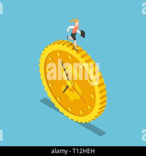 Wohnung 3 d isometrische Business woman läuft auf dem Dollar Münze. Zeit ist Geld. Stock Vektor