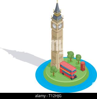 London. Detaillierte isometrische Vektor. Big Ben, Double Decker Bus und roten Kiosk. Berühmte Sehenswürdigkeiten. Stock Vektor