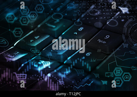 Close-up Dunkel, Tastatur mit ERP-System Konzept Stockfoto