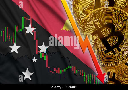 Papua Neu Guinea Flagge und cryptocurrency rückläufige Trend mit vielen goldenen Bitcoins. Konzept der Reduzierung Bitcoin im Preis oder schlechte Umwandlung in cryptocur Stockfoto