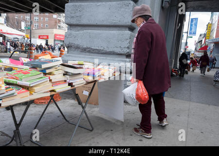 Eine asiatische Frau prüft Chinesische Sprache Bücher zum Verkauf mit einem Stand auf der Main St. unter der LIRR Titel. In Chinatown, Flushing, Queens, New York. Stockfoto