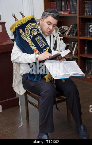 Nach einer Thora lesen &, bevor es in die heilige Lade zurückgekehrt, ein Mann sitzt und liest zwei Gebet Bücher. In Cambria Heights, Queens, New York. Stockfoto