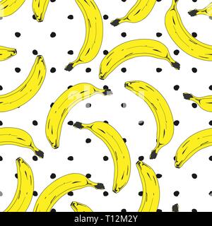 Nahtlose pop art Banane Muster zufällig auf Farbe Hintergrund verteilt. Abgestreift oder gepunkteten Hintergrund. Vector Illustration. Stock Vektor