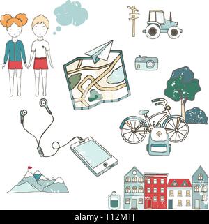 Reisen mit dem Tourismus Symbole. Hand vektor Cartoon Illustration gezeichnet. Haus, Karte, Telefon, Menschen Fahrrad Stock Vektor