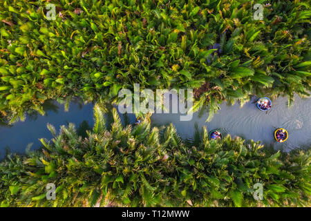 Luftaufnahme, Touristen aus China, Korea, Amerika, Russland einen Korb Bootstour auf der Kokosnuss Wasser (Mangrove Palm) Wald Hoi An, Quang Nam, Vietnam Stockfoto