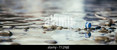 Plastikflasche liegt auf dem steinigen Strand, Umweltverschmutzung Stockfoto