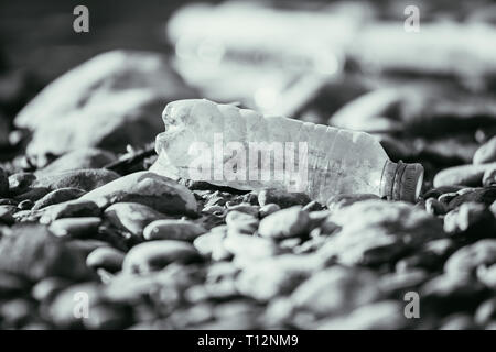 Plastikflasche liegt auf dem steinigen Strand, Umweltverschmutzung Stockfoto