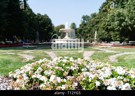 Warschau, Polen Touristen durch Brunnen white flower bed im Sommer Saxon Gardens Park mit Spritzen spritzen Skulpturen Stockfoto