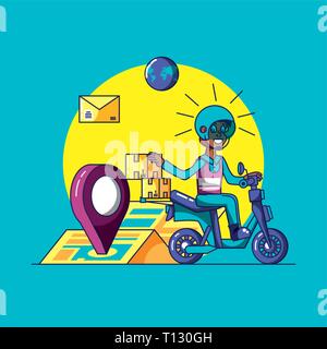 Delivery Service Worker in Motorrad und Icons Vektor Illustration Design Stock Vektor