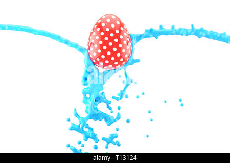 Färben Ostereier, Vibrant blue Paint übermalt Ei auf weißem Hintergrund zu gießen. 3D-Darstellung Stockfoto