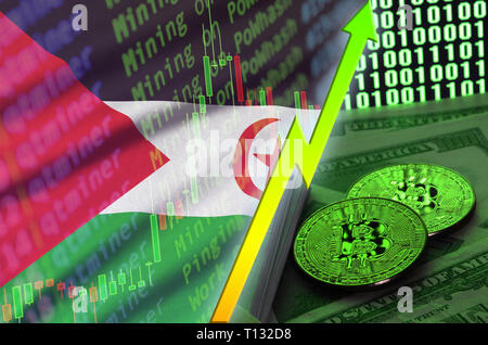 Westsahara Flagge und cryptocurrency Trend mit zwei Bitcoins auf Dollarscheine und binären Code wird angezeigt. Konzept des Anhebens Bitcoin im Preis ein Stockfoto