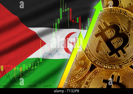 Westsahara Flagge und cryptocurrency Trend mit vielen goldenen Bitcoins. Konzept des Anhebens Bitcoin im Preis oder hohe Umwandlung in cryptocurre Stockfoto