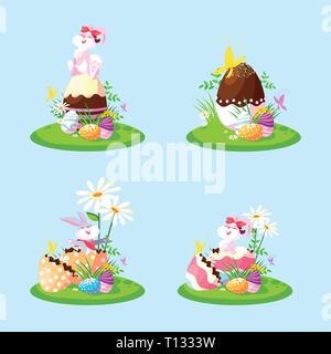 Gruppen-Kaninchen mit Ostereiern in Garten Vektorgrafik Design Stock Vektor