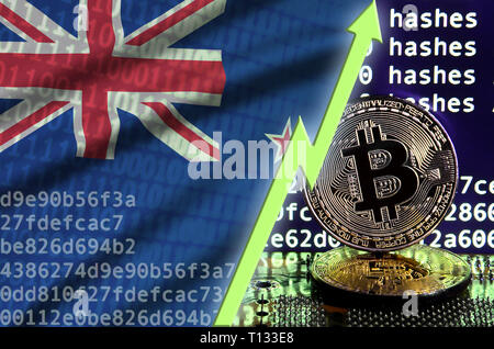 Neuseeland Flagge und steigende grünen Pfeil auf bitcoin Bergbau und zwei physischen golden Bitcoins. Konzept der hohe Umwandlung in cryptocurrency Bergbau Stockfoto