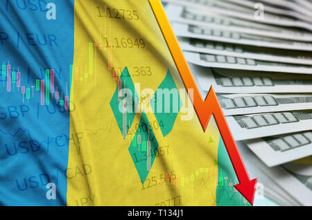 Saint Vincent und die Grenadinen und Chart uns fallenden Dollar Position mit einem Fan von Dollarnoten. Konzept der Abschreibungen Wert von US-Dollar curr Stockfoto