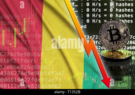 Guinea Flagge und der rote Pfeil auf bitcoin Bergbau und zwei physischen golden Bitcoins. Konzept der niedrigen Umwandlung in cryptocurrency Bergbau Stockfoto