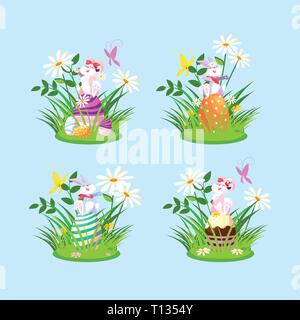 Gruppen-Kaninchen mit Ostereiern in Garten Vektorgrafik Design Stock Vektor