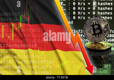 Deutschland Fahne und fallender roter Pfeil auf bitcoin Bergbau und zwei physischen golden Bitcoins. Konzept der niedrigen Umwandlung in cryptocurrency Bergbau Stockfoto