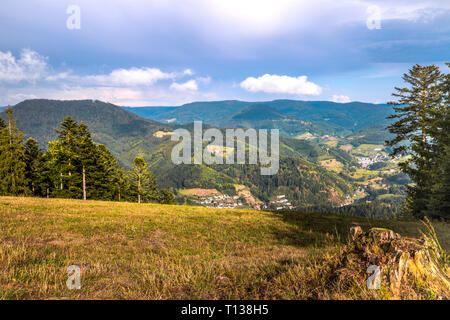 Blick auf das Tal und die Stadt Bad Peterstal von oben, mit bergkämme von Schwarzwald, Deutschland Stockfoto