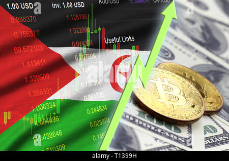 Westsahara Flagge und cryptocurrency Trend mit zwei Bitcoins auf dollarscheine. Konzept des Anhebens Bitcoin im Preis gegenüber dem Dollar Stockfoto