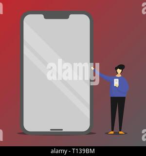 Mann präsentiert riesigen leeren Bildschirm, während Sie ein anderes Smartphone Mobile Business leere Vorlage für das Layout für die Einladung Grußkarte promotion pos Stock Vektor
