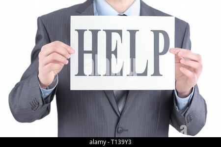 Closeup. junge Unternehmer mit einem Blatt, sagt Hilfe Stockfoto