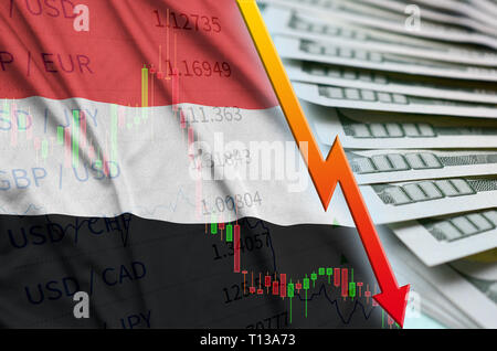 Jemen Flagge und Chart uns fallenden Dollar Position mit einem Fan von Dollarnoten. Konzept der Abschreibungen Wert der US-Währung Stockfoto