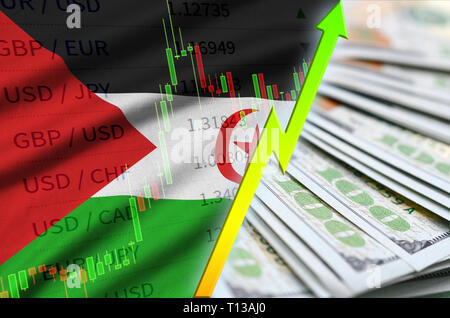 Westsahara Flagge und Chart wachsenden US-Dollar mit einem Fan von Dollarnoten. Konzept der steigende Wert des US-Dollar Währung Stockfoto
