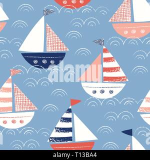 Whimsical Hand-Drawn mit Buntstiften Schiffe im Meer Vektor nahtlose Muster. Cute nautisch marine Hintergrund. Meer, Ozean Zeichnungen Stock Vektor