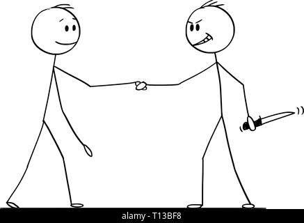 Cartoon Strichmännchen Zeichnung konzeptuelle Abbildung von zwei Männern oder Geschäftsleute oder Politiker Handshaking, einer von ihnen mit einem Messer in der Hand versteckt. Stock Vektor