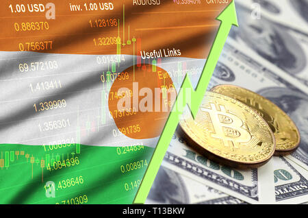 Niger Flagge und cryptocurrency Trend mit zwei Bitcoins auf dollarscheine. Konzept des Anhebens Bitcoin im Preis gegenüber dem Dollar Stockfoto