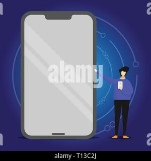 Mann präsentiert riesigen leeren Bildschirm Smartphone beim Halten einer anderen mobilen Design Business Konzept leeren Text kopieren für Web Banner Werbemittel Stock Vektor
