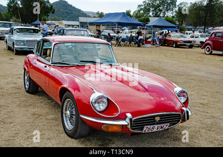 Eine rote E-Type Jaguar V12-Coupé auf Anzeige an Moonbi Auto Show, NSW Australien Stockfoto