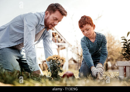 Ernsthafte atemberaubende Junge seinen Vater bei der Gartenarbeit Stockfoto