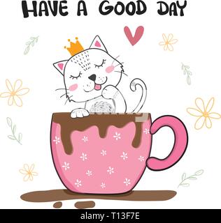 Süße Katze lecken Hand in der Tasse Kaffee, Hand gezeichnet Stock Vektor