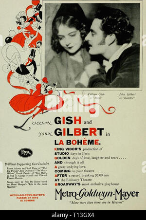 Werbemittel Fotografie von Lilian Gish und John Gilbert in La Boheme - Photoplay Aug 1926 - Stummfilmzeit Stockfoto