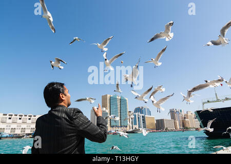 DUBAI, VEREINIGTE ARABISCHE EMIRATE - MÄRZ 2019: business Mann im schwarzen Anzug feeds Möwen neben dem Dubai Creek. Stockfoto