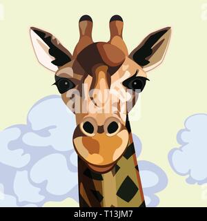 Gesicht und Hals einer Giraffe von vorne mit einem gelben Himmel und wabernden Wolken hinter Stock Vektor