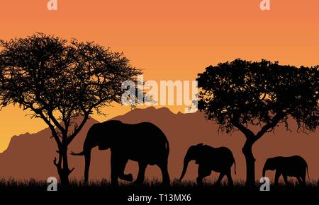 Realistische Darstellung mit Silhouetten von drei Elefanten - Familie in African Safari Landschaft mit Bäumen, Bergen unter orange sky-Vektor Stock Vektor