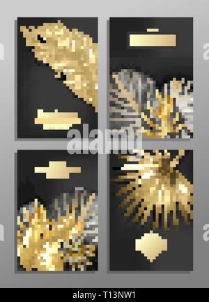 Set mit 4 eleganten Broschüre, Karte, Hintergrund, abdecken. Schwarze und goldene Marmor Textur. Geometrischen Rahmen. Palm, exotische Blätter. Stock Vektor