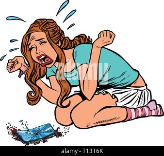 Mädchen und Handy ist beschädigt, Weinen schreien Stock Vektor