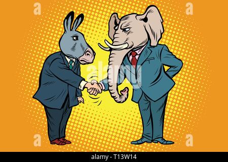 Esel shakes Elefant Hand. Demokraten Republikaner Stock Vektor