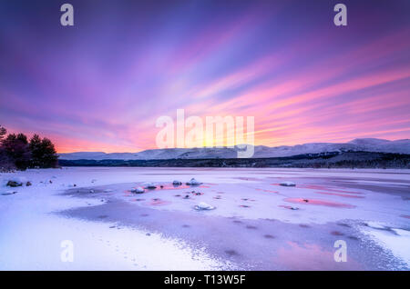 Großbritannien, Schottland, Highlands, Cairngorms National Park, Loch Morlich, Sonnenaufgang, Stockfoto