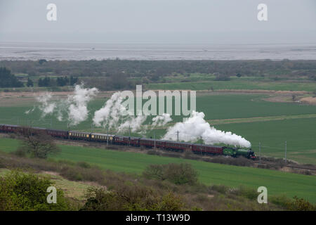 Hadleigh, Essex, Großbritannien. 23. Mär 2019. Die große Zeit der Dampfeisenbahn reisen zurück nach Essex für eine spezielle Reise von Southend on Sea die Bluebell Railway an der Sheffield Park East Sussex. Gebaut für die London and North Eastern Railway, 61306 Mayflower ist einer von zwei Überlebenden B1 Klasse Lokomotiven. Die B1 wurden als gemischter Verkehr Lokomotiven in der Lage schleppen express Personenzüge sowie Güterverkehr konzipiert. Quelle: MARTIN DALTON/Alamy leben Nachrichten Stockfoto