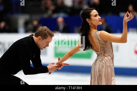 (190323) - SAITAMA, 23. März 2019 (Xinhua) - Madison Keil (R)/Evan Bates der Vereinigten Staaten durchführen, während das Eis tanzen frei Dance Competition 2019 ISU World Eiskunstlauf-WM an der Saitama Super Arena in Saitama, Japan, am 23. März 2019. Madison Keil/Evan Bates auf Platz 6 mit insgesamt 204.92. (Xinhua / Wang Lili) Stockfoto