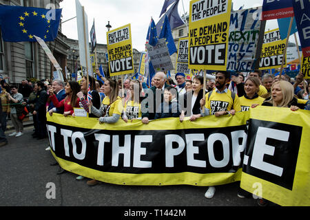 London, England, Grossbritannien. 23 Mär, 2019. Die Völker Stimmen anti Brexit Marsch durch die Innenstadt von London Hunderttausende Anhänger einer Völker Stimmen, ein zweites Referendum in der Brexit Debatte über die Central London aus Protest gegen die bestehenden Richtlinien, die diese Woche im Parlament erörtert werden sollen, marschierten. Die Teilnahme an der März hier zu sehen waren Sir Vince Cable Lib. Dem Führer und Carolyn Lucas gemeinsamer Führer der Grünen Partei. Credit: Brian Harris/Alamy leben Nachrichten Stockfoto