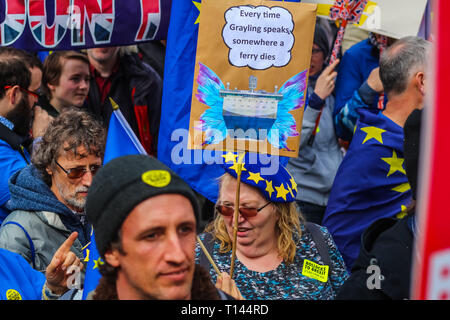 London, Großbritannien. 23 Mär, 2019. Die Abstimmung März, Aktivisten und Demonstranten teil in einem März dem Parlament, protestieren gegen Großbritannien die EU verlassen wollen, ein zweites Referendum, und für das Land in der Europäischen Union zu bleiben. Stockfoto