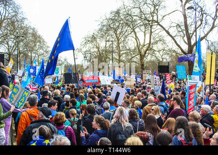 London, Großbritannien. 23 Mär, 2019. Die Abstimmung März, Aktivisten und Demonstranten teil in einem März dem Parlament, protestieren gegen Großbritannien die EU verlassen wollen, ein zweites Referendum, und für das Land in der Europäischen Union zu bleiben. Stockfoto