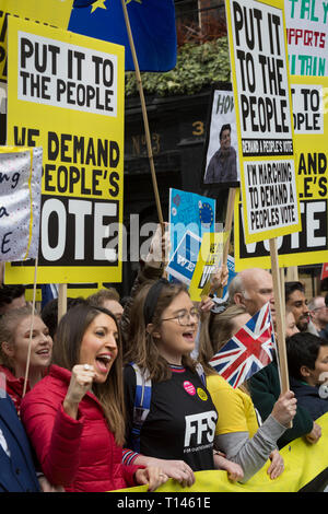 London, Großbritannien, 23. März 2019: sieben Tage vor dem ursprünglichen für das Vereinigte Königreich die EU zu verlassen, Hunderttausende von Brexit Demonstranten marschierten durch das Zentrum von London, in einem anderen EU-Referendum. Veranstalter der "unter die Leute"-Kampagne sagen mehr als eine Million Menschen im März vor der Rallye vor dem Parlament verbunden. Foto von Richard Baker/Alamy leben Nachrichten Stockfoto