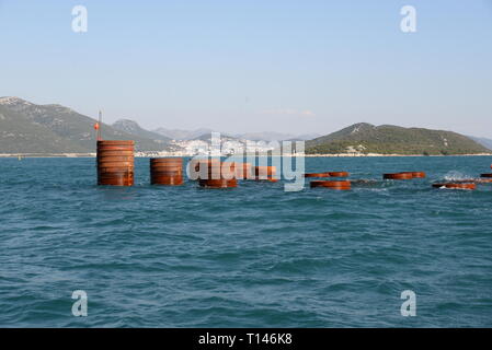 (190323) - der Halbinsel Peljesac, 23. März 2019 (Xinhua) - Foto am 21. März 2019 zeigt Stahlträger für Peljesac Brücke in den Gewässern zwischen kroatischen Festland und der Halbinsel Peljesac in der Nähe von Komarna, Kroatien. Die Halbinsel Peljesac Brücke ist eines der größten Infrastrukturprojekte in der kroatischen Geschichte. Die Brücke wird die kroatische Halbinsel Peljesac mit dem kroatischen Festland verbunden und daher ein kurzes Streifen der benachbarten Bosnische Küste, dass die Kontinuität des kroatischen Gebiet unterbricht umgehen. Einem chinesischen Konsortium unter der Führung von China Straße und Brücke Corporation (CRBC) gewann den Zuschlag für die fi Stockfoto